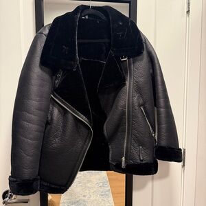 Black Leather Jacket with Plush Sherpa Trim